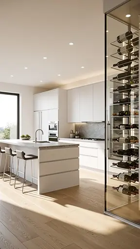 Bright modern kitchen with a built-in glass wine cellar, minimalist design, natural daylight, elegant residential interior, high resolution photography
