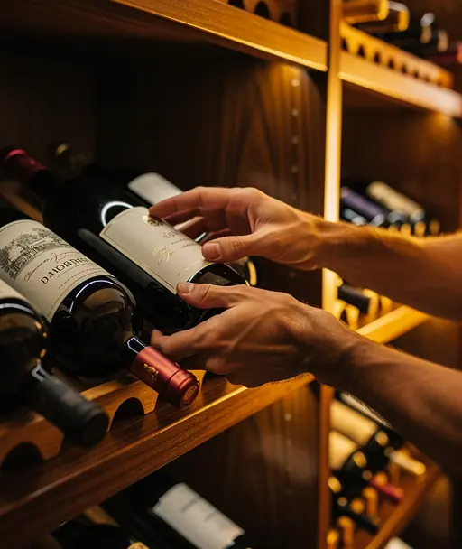 Close-up of hands organizing wine bottles in a wooden home wine cellar, warm golden light, refined residential interior, realistic high-resolution photography
