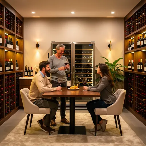 Family enjoying a wine tasting moment in a stylish home wine cellar, warm ambient lighting, cozy atmosphere, authentic lifestyle photography
