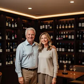 Portrait of a couple in their 50s inside a stylish residential wine cellar, soft lighting, elegant interior background, authentic and natural look, high resolution photography
