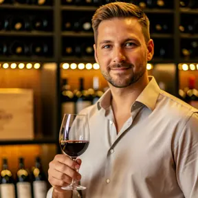 Close-up portrait of a confident male wine enthusiast in his 30s inside a contemporary home wine cellar, warm tones, shallow depth of field, realistic professional photography
