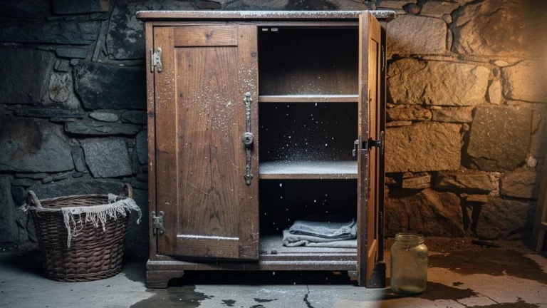 Cave armoire en janvier à 6 degrés dehors, révélant humidité et froid dans un intérieur de sous-sol