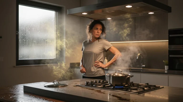 Cuisine moderne avec ventilation sous-dimensionnée provoquant des odeurs tenaces et une atmosphère stagnante