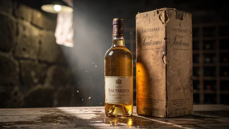 Sauternes 2010 protégé dans un vieux carton boxe, image à la une sur son vieillissement pendant 4 ans