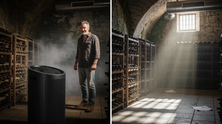 Filtre à charbon actif testé dans une cave pour éliminer les odeurs et améliorer la ventilation