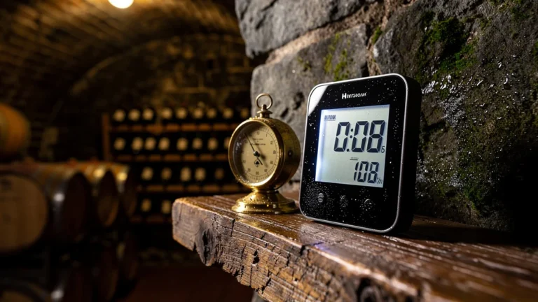 Hygromètre connecté et mécanique dans une cave à vin après six mois de test d'humidité
