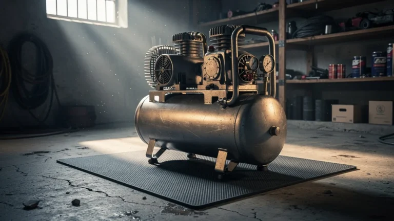 Compresseur installé sur tapis anti-vibration dans cave, test de stabilité sur six mois