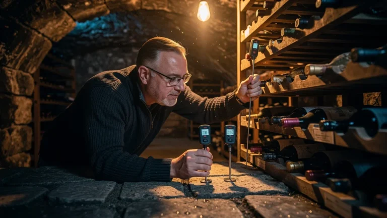 Thermomètre à double sonde comparant températures haut et bas de cave dans une cave à vin rustique