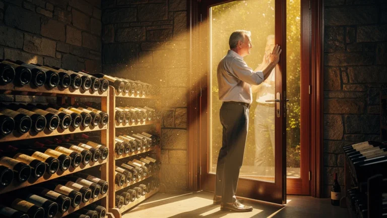 Impact des UV sur le vin visible derrière une porte vitrée en verre dans une cave à vin
