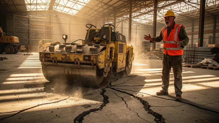 Compresseur vibrant sur béton nu fissuré dans chantier, illustrant mauvaise absorption des vibrations