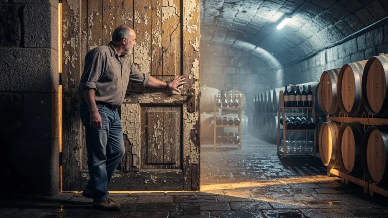Image photo réaliste d’une cave à vin avec une porte non isolée, illustrant l’importance d’isoler sa porte avant de régler la température