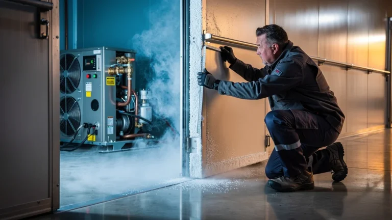 Technicien devant une porte de chambre froide à isoler de 3 cm avant le groupe froid
