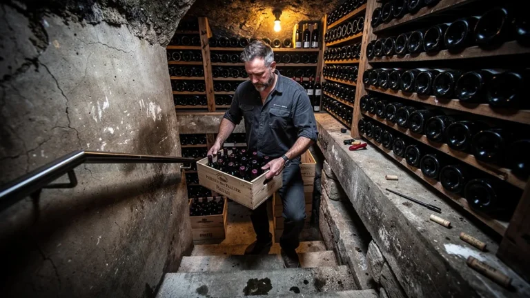 Bouteilles de Pauillac descendues dans une petite cave semi-enterrée de 3 m2
