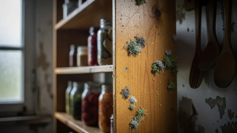 Moisissure visible sur des clayettes en hêtre dans un placard de cuisine rustique humide