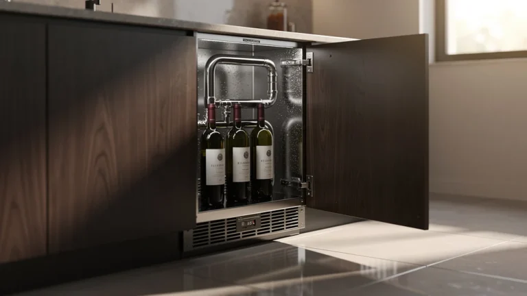 Silence retrouvé après remplacement du groupe froid dans une cave à vin intégrée moderne