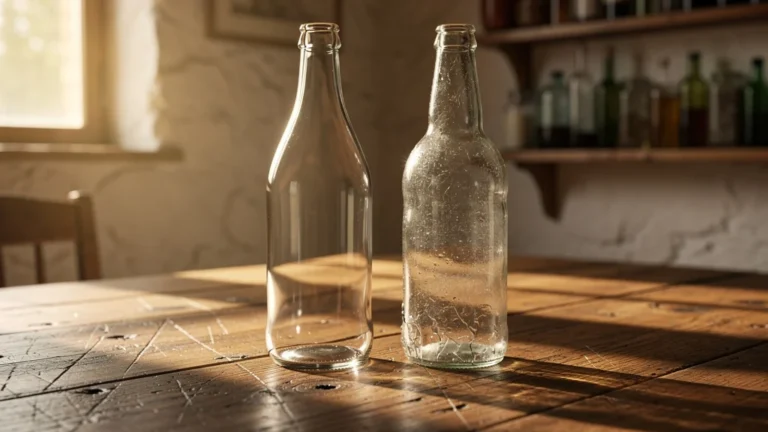 Deux bouteilles identiques illustrant la perception du vieillissement à travers le temps en photo réaliste