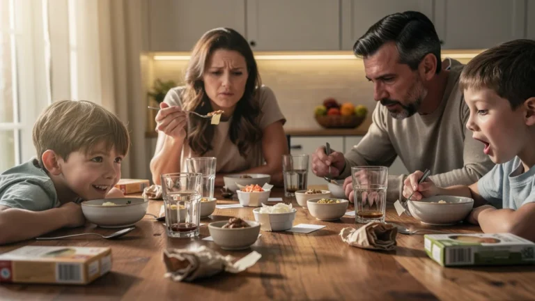 Famille dégustant à l’aveugle face aux étiquettes, image à la une pour l’avis sur la dégustation