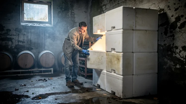 Casiers modulables en polystyrène dans une cave humide après deux ans d'usage, montrant leur état et durabilité