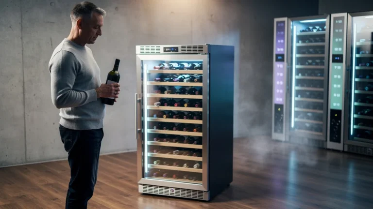 Comparaison réaliste cave mono-température et multi-zones avec ventilation et bouteilles de vin