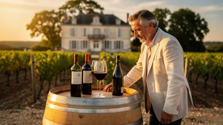 Comparaison entre Crus Bourgeois et petits classés de Saint-Estèphe, scène de dégustation de vin.