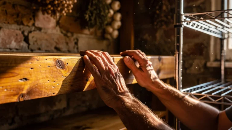 Clayette en bois massif tactile et chaleureuse contrastant avec une étagère en métal chromé froide et brillante