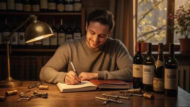 Personne prenant des notes sur papier pour ses bouteilles de vin, ambiance chaleureuse et vintage
