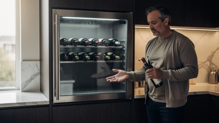 Homme déçu devant une cave encastrable limitée à 30 bouteilles dans une cuisine moderne et élégante