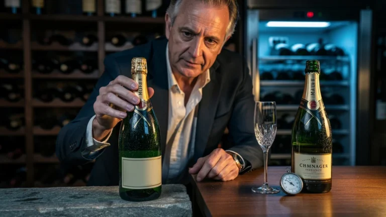 Champagne millésime en cave, illustrant l’importance d’une température stable à 11 degrés