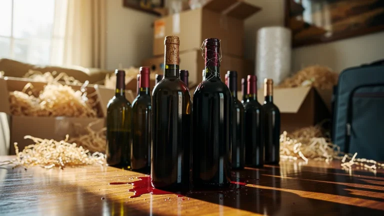 Dégâts sur deux bouchons de bouteilles stockées debout pendant un déménagement, bouteille endommagée sur table en bois