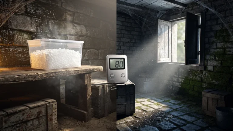 Comparaison hyperréaliste absorbeur d'humidité chimique et ventilation naturelle dans une cave humide