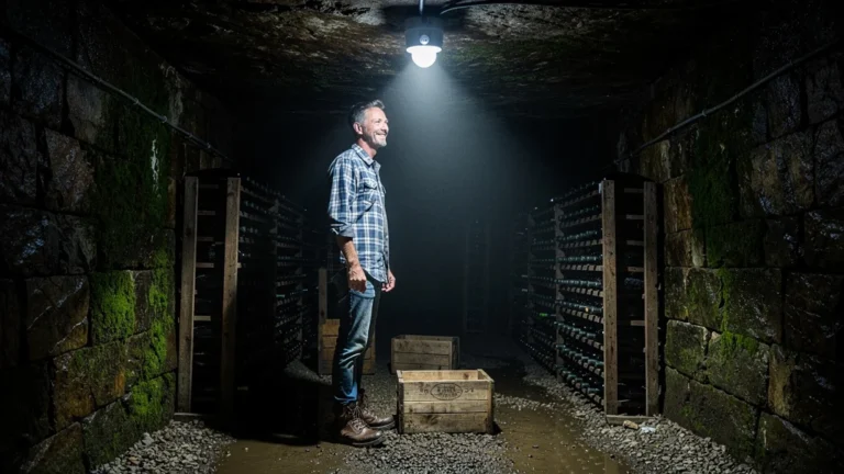 Test d’un éclairage LED à détection efficace dans une cave enterrée sans fenêtre, ambiance réaliste et détaillée