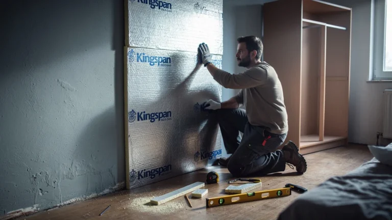 Test d’isolant Kingspan 50 mm sur mur froid avant pose d’une armoire