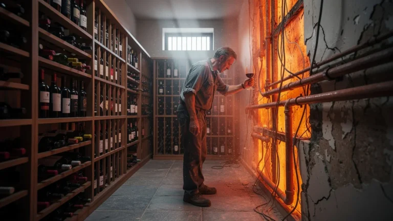 Cave à vin installée contre un mur chauffé révélant des dégâts et regrets