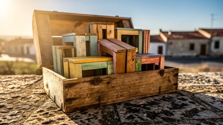 Casiers plastiques abîmés par le soleil intense posés dans une caisse ouverte sous une lumière brûlante