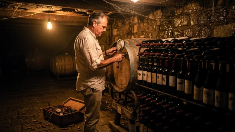 Photo réaliste d’une cave à vin sous chaleur excessive en été, homme inquiet vérifiant la température