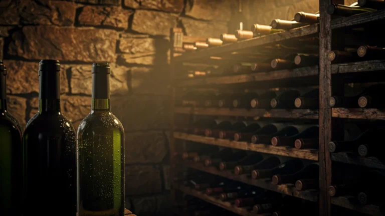 Cave à vin avec bouteilles couchées protégées de la lumière directe, ambiance chaleureuse et préservation optimale