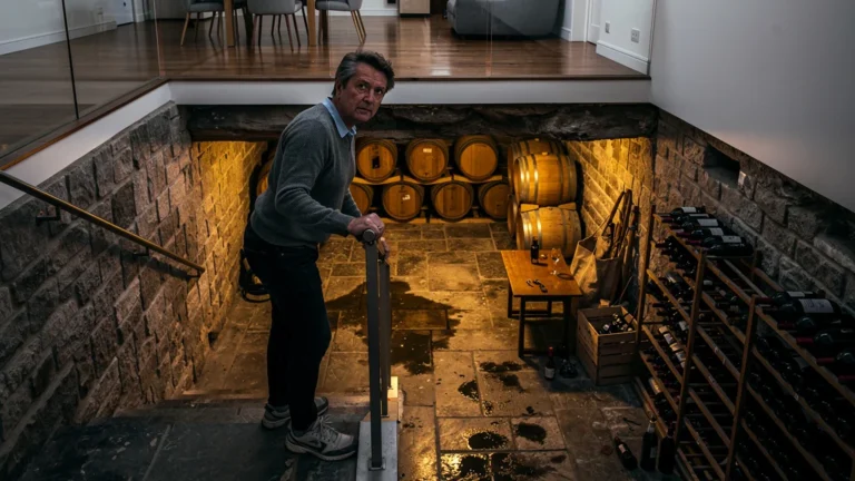 Cave enterrée en appartement avec ambiance humide et pierres, illustrant espoirs et difficultés