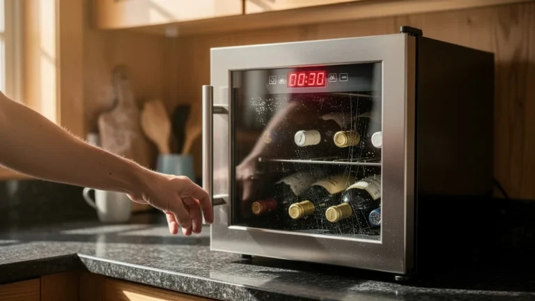 Petit frigo à vin mal réglé dans cuisine moderne, jamais à la bonne température, frustration visible