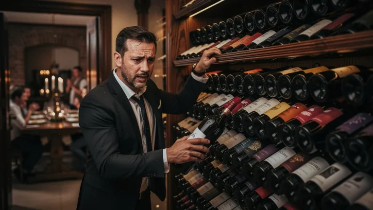 Sommelier frustré cherchant une bouteille dans un rangement par cépage peu pratique au service