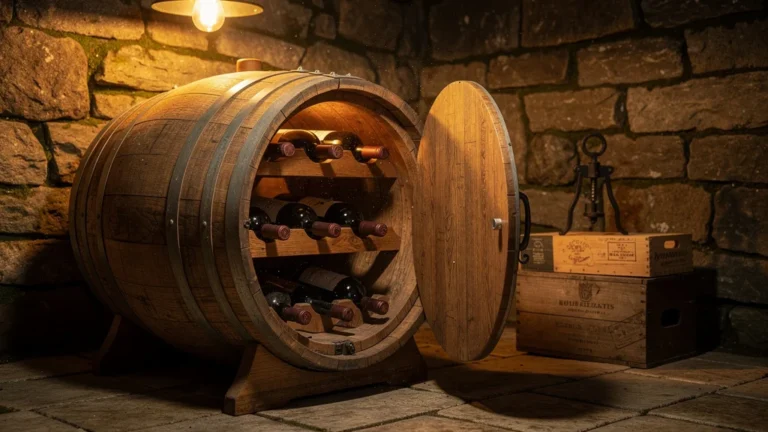 Tonneau décoratif transformé en cave à vin rustique, charme visuel et limites de conservation