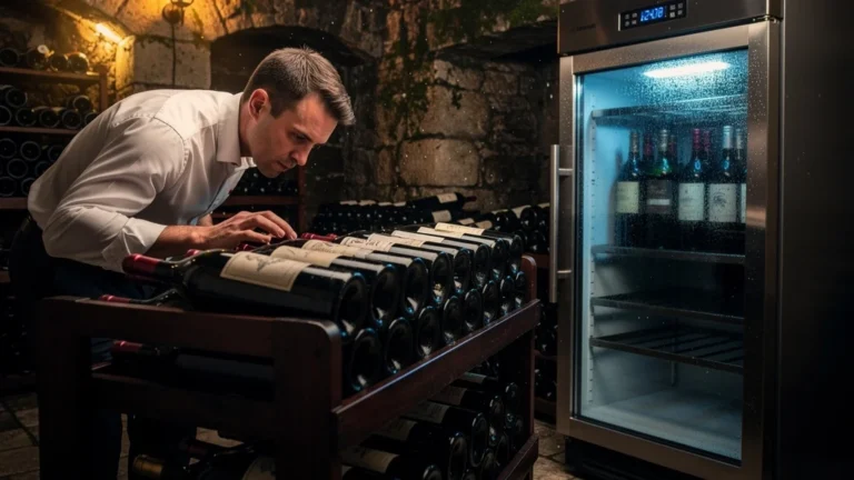 Cave à vin avec bouteilles et frigo vibrant perturbant la conservation des crus précieux