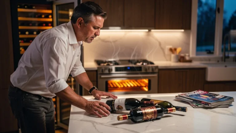 Cuisine moderne avec bouteilles de vin abîmées près du four, perte de trois crus précieux