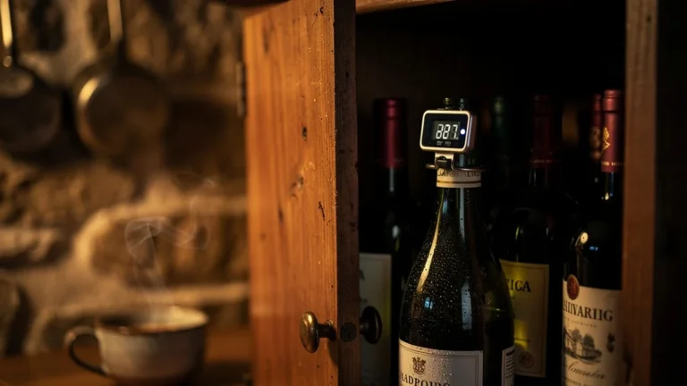Placard en bois avec bouteilles de vin et thermomètre affichant température, ambiance chaleureuse et réaliste