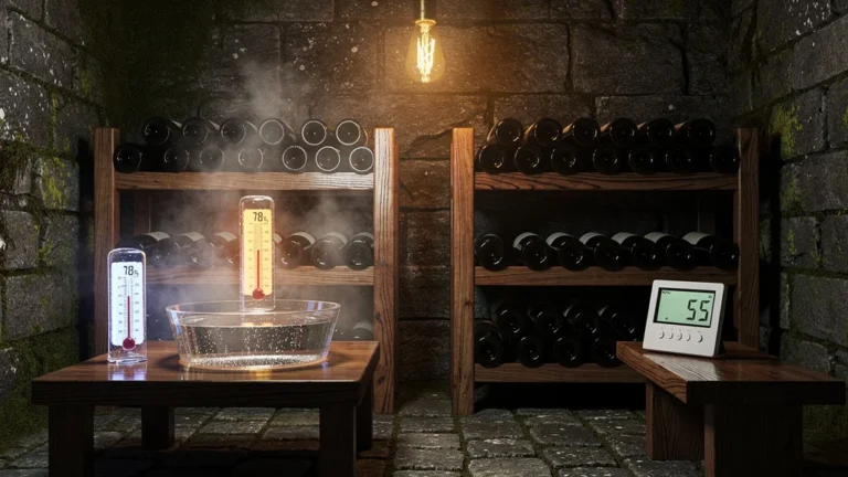 Comparaison hyper-réaliste de l'hygrométrie avec et sans bac d'eau dans une cave à vin