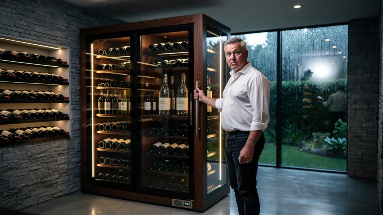 Homme pensif devant une armoire à vin moderne, ambiance élégante et lumière tamisée, réflexion sur l’utilité de l’armoire