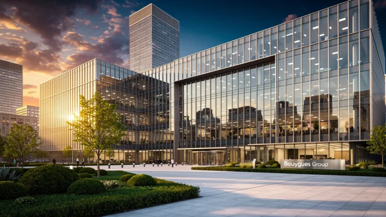 Photographie ultra-réaliste du siège moderne du groupe Bouygues en milieu urbain au coucher de soleil