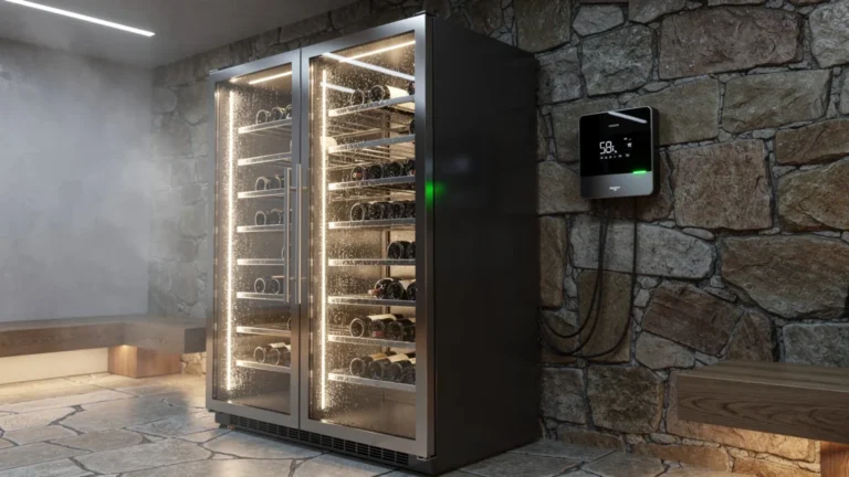 Cave à vin moderne connectée à un thermostat externe pour stabiliser la température de conservation
