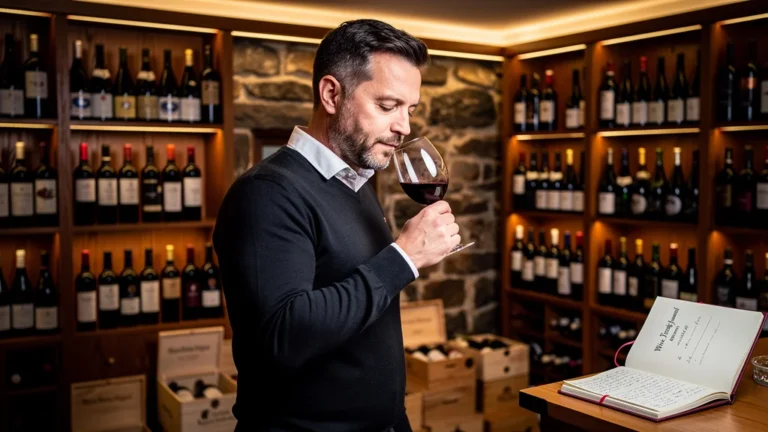 Portrait hyper-réaliste de Bruneau JM, rédacteur spécialisé en caves à vin domestiques, ambiance chaleureuse et professionnelle