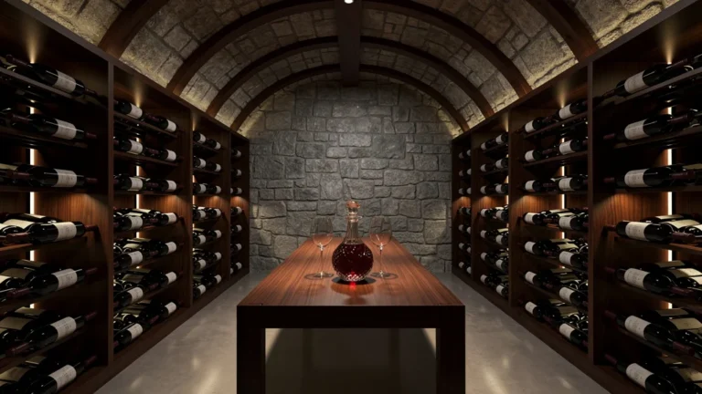 Photo réaliste d'une cave à vin 200 bouteilles élégante avec éclairage chaleureux et rangements en bois