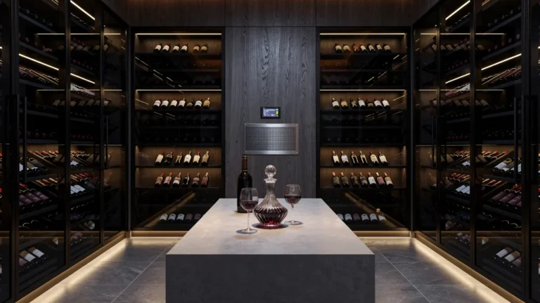 Intérieur design de cave à vin moderne avec éclairage LED et rangements en verre élégants